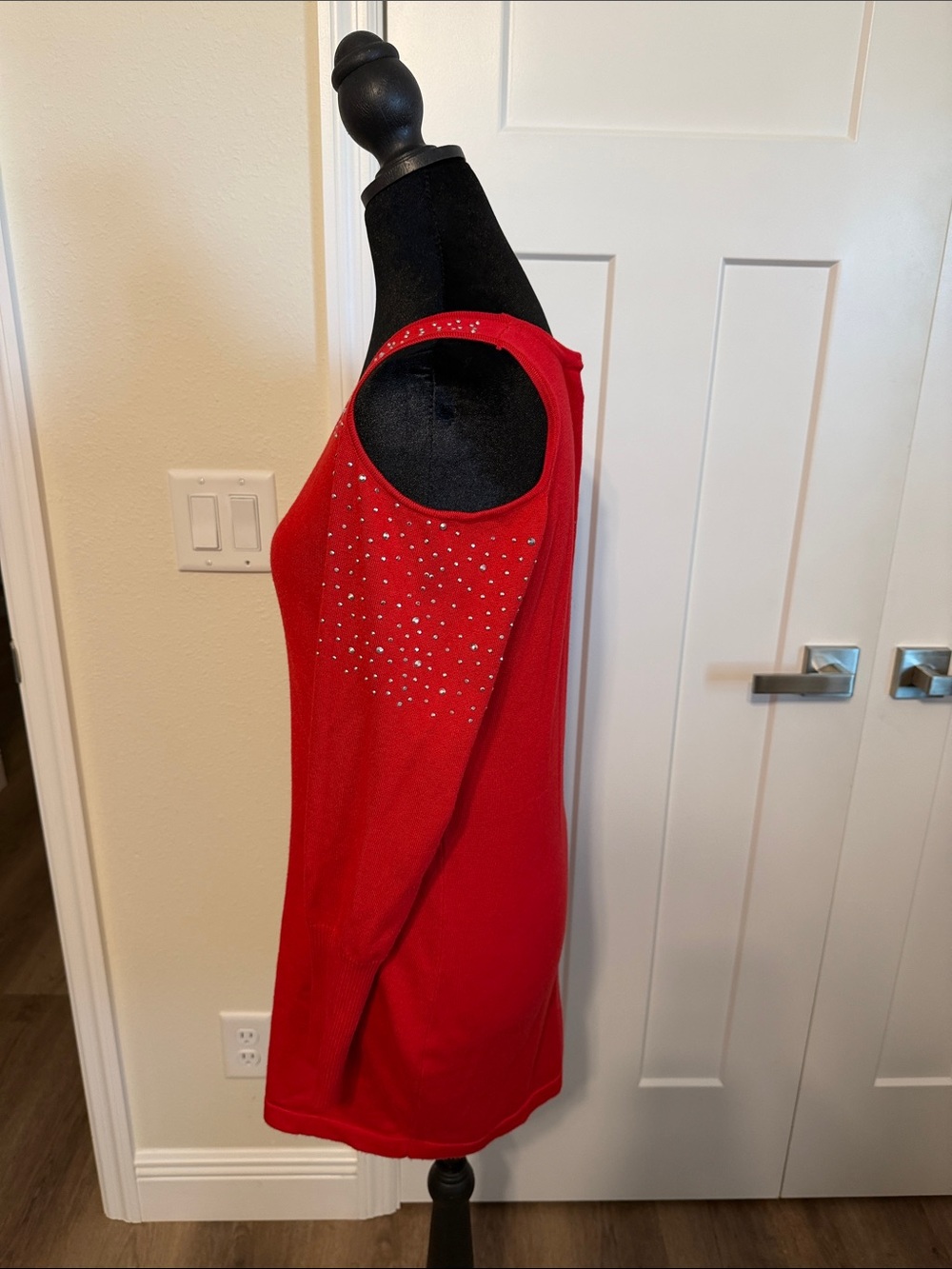 Red Cold-Shoulder Rhinestone Knit Top - Picture 2 of 6